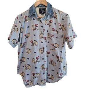 Vintage Bear Blouse Womens Size Small Blue Denim Collar Retro 90s Button Cottage